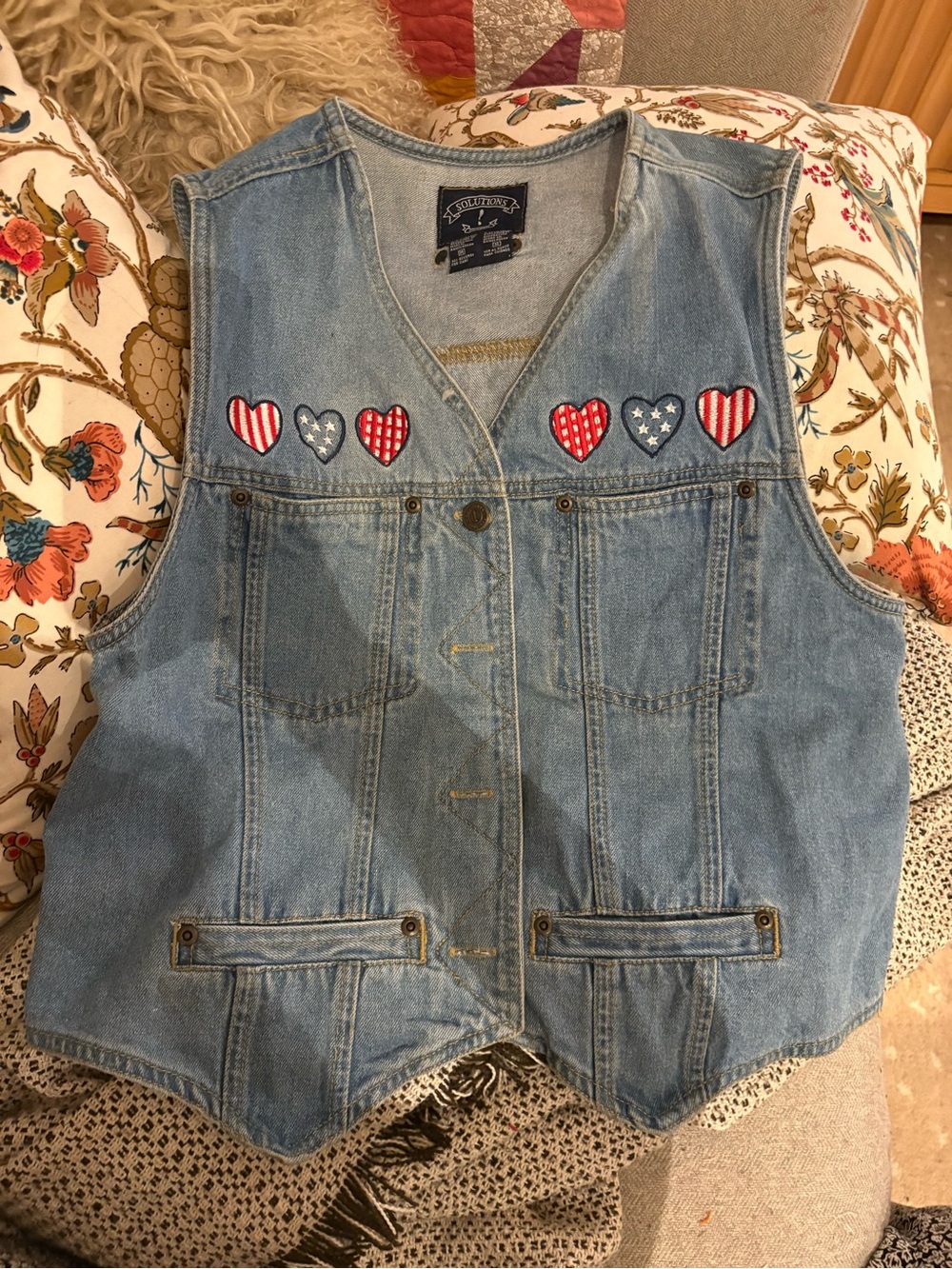 Solutions 90s Vintage Cotton Denim Vest with Embroidered Patriotic Hearts